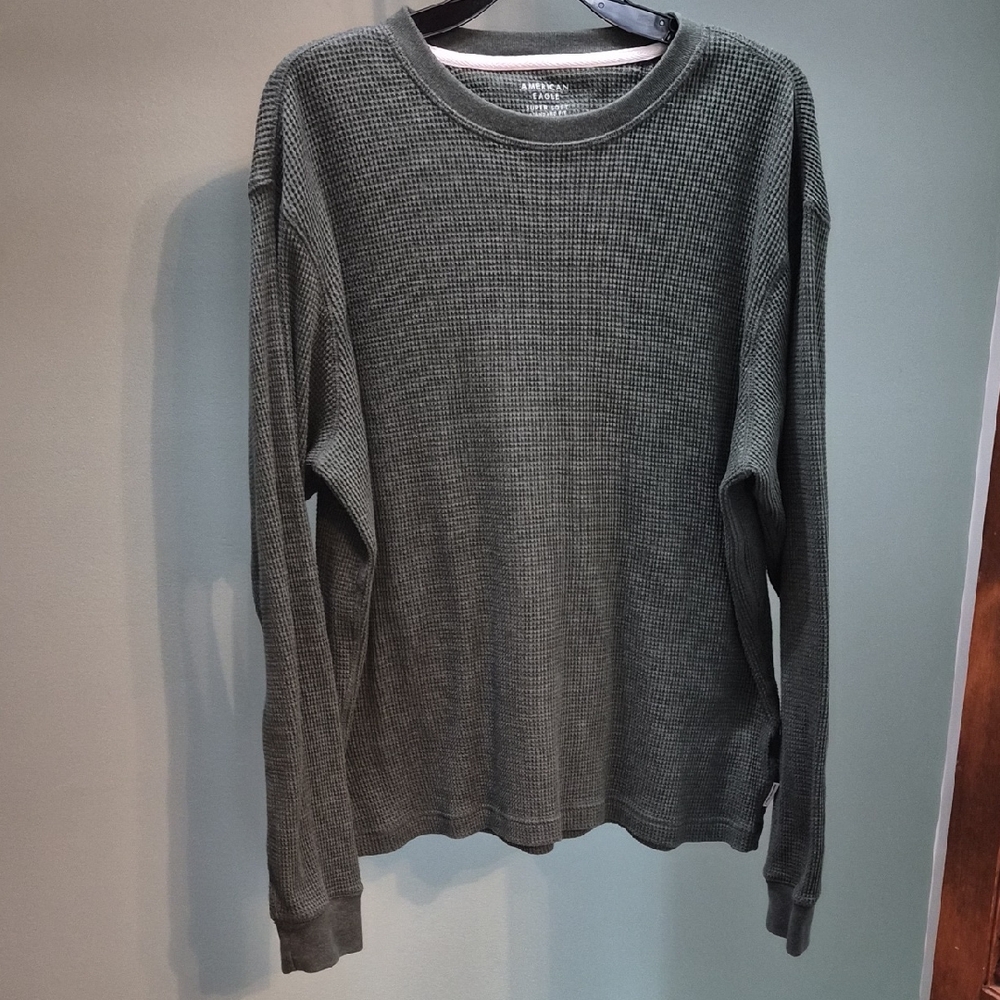 American Eagle Waffle Knit Long Sleeve Thermal Shirt - Olive Green